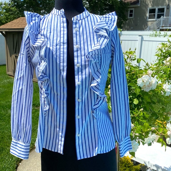 Banana Republic | Riley Stripe Ruffle Front Shirt - Picture 1 of 3